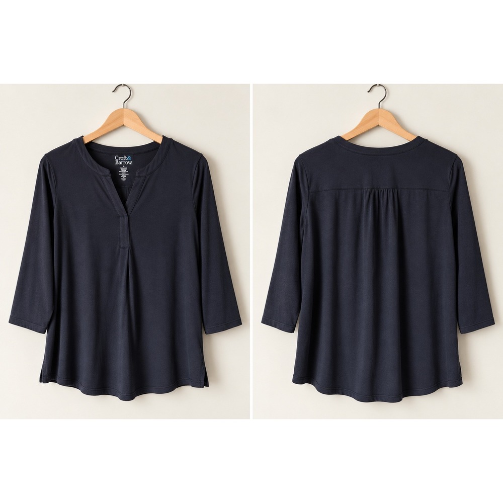 Croft & Barrow Black Notch Neck 3/4 Sleeve Soft Relaxed Basic Knit Top Women's S